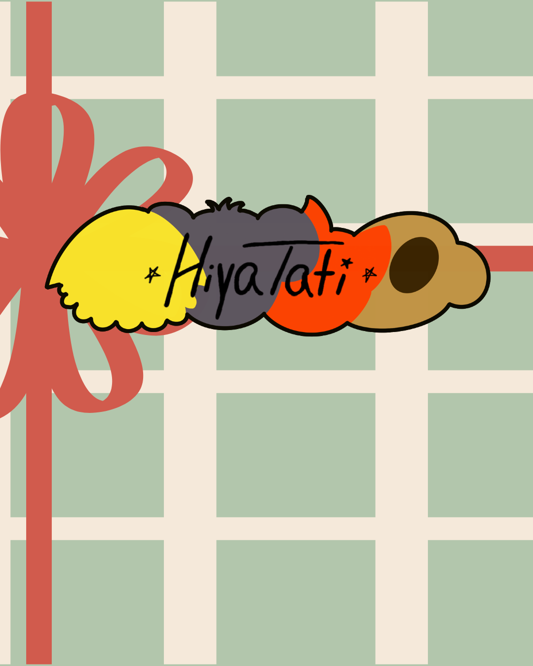 A stylized graphic with the word 'HiyaTati' across the center, with a gift card background.